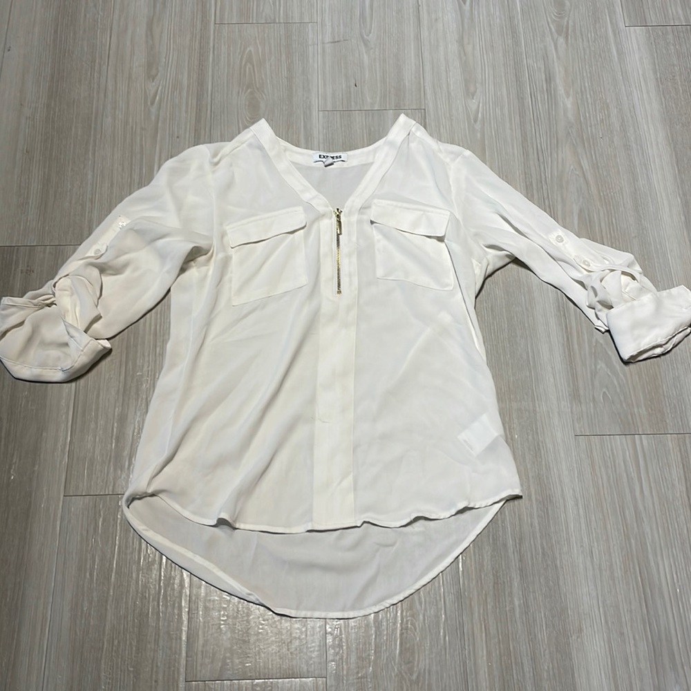Express Portofino work shirt, size XS, cream color with gold zipper detail